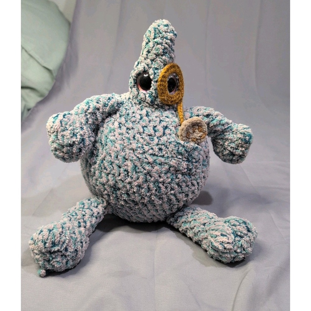 "Handmade Crochet Plush Monster w/ Monocle OOAK Amigurumi Chenille Cute Two-Eyed
